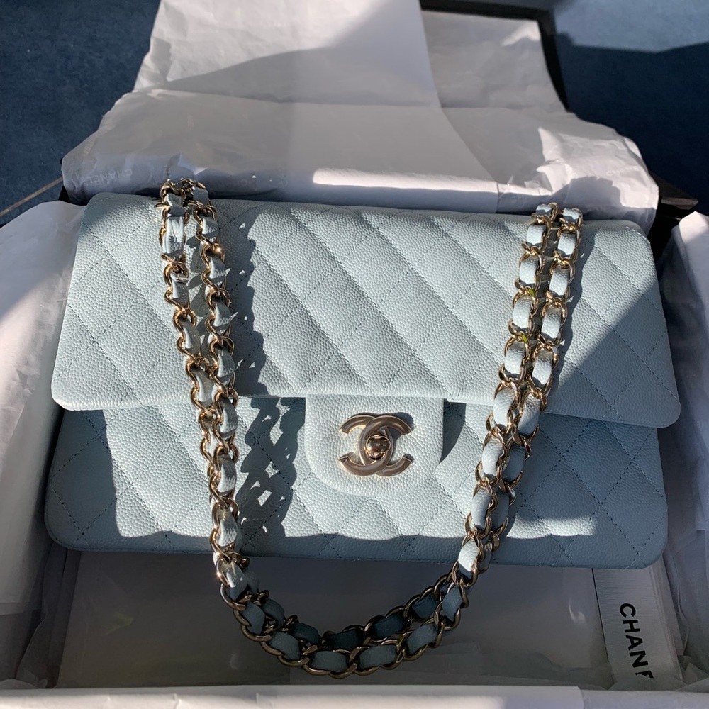 22P CHANEL Medium Classic Double Flap Bag Light Blue Caviar LGHW NWT